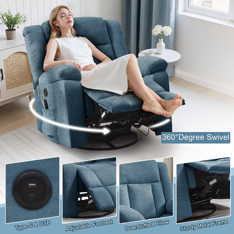 Rocker Recliner, Glider Recliner Chairs For Adults, 360 Degree Swivel Rocking Chair With Massage And Heating