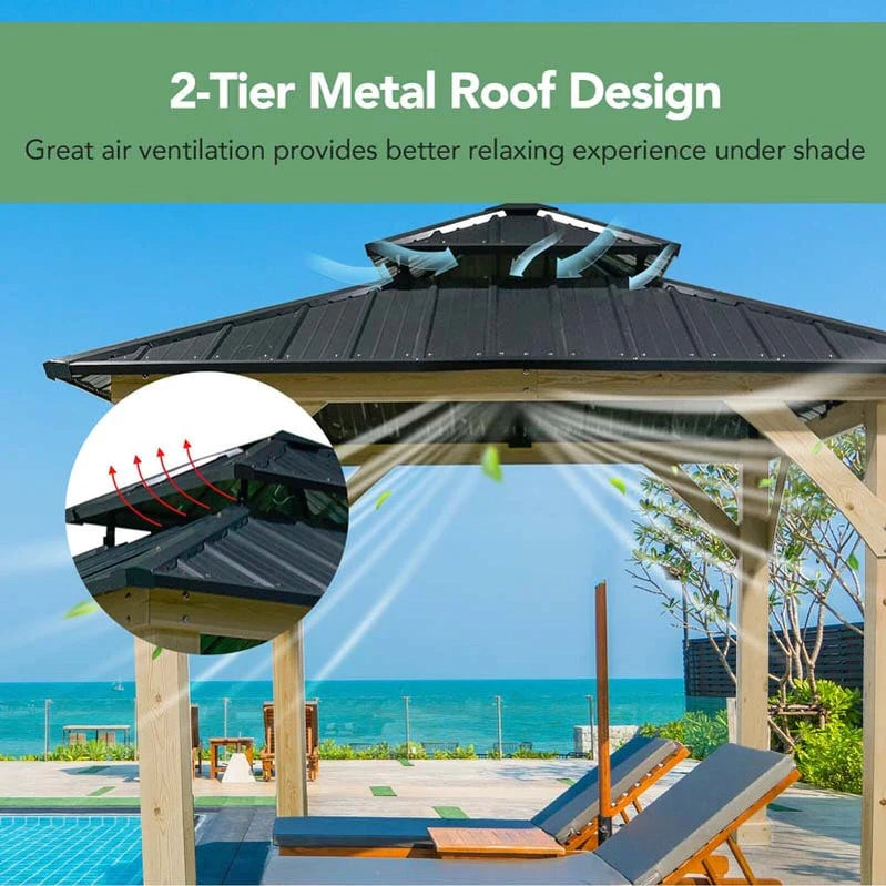 10 x 10 Ft. Outdoor Patio Hardtop Gazebo With Wood Frame And 2-Tier Metal Roof, All-Weather Gazebo Pergolas Shelter