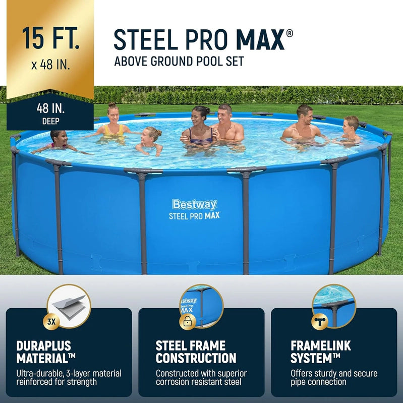 Steel Pro MAX 14 Ft. x 48 In. Round Metal Frame Above Ground Outdoor Swimming Pool Set With 1,000 Filter Pump, Ladder, And Cover, Gray