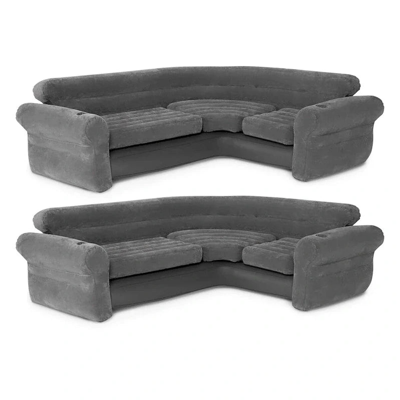 Intex Corner Sofa L-Shaped Inflatable Lounge Couch w/Cupholders, Gray, 2 Pack, 26