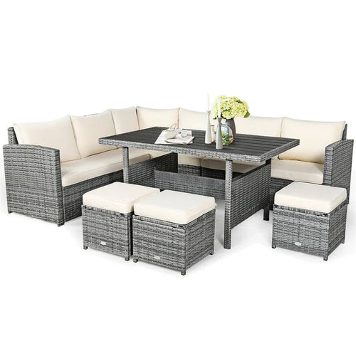 7 Pcs Rattan Patio Dining Furniture Sectional Sofa Set With Dining Table, Ottomans And Cushions