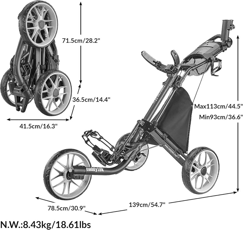 3Wheel Golf Push Cart, Golf Trolley Foldable Collapsible Lightweight Pushcart With Foot Brake, Easy To Open And Close