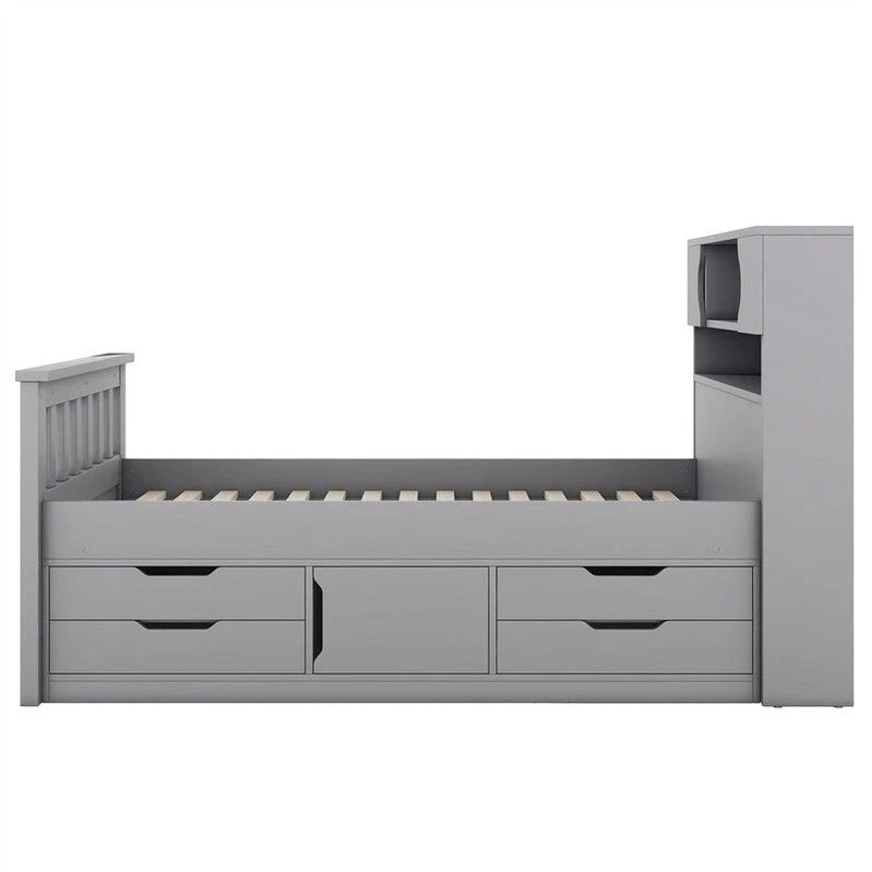 Twin/Full Size Captain Platform Bed With 4 Drawers And Storage Shelves, Solid Wood Bed Frame With Storage Bookcase Headboard