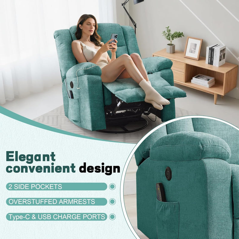 Rocker Recliner, Glider Recliner Chairs For Adults, 360 Degree Swivel Rocking Chair With Massage And Heating