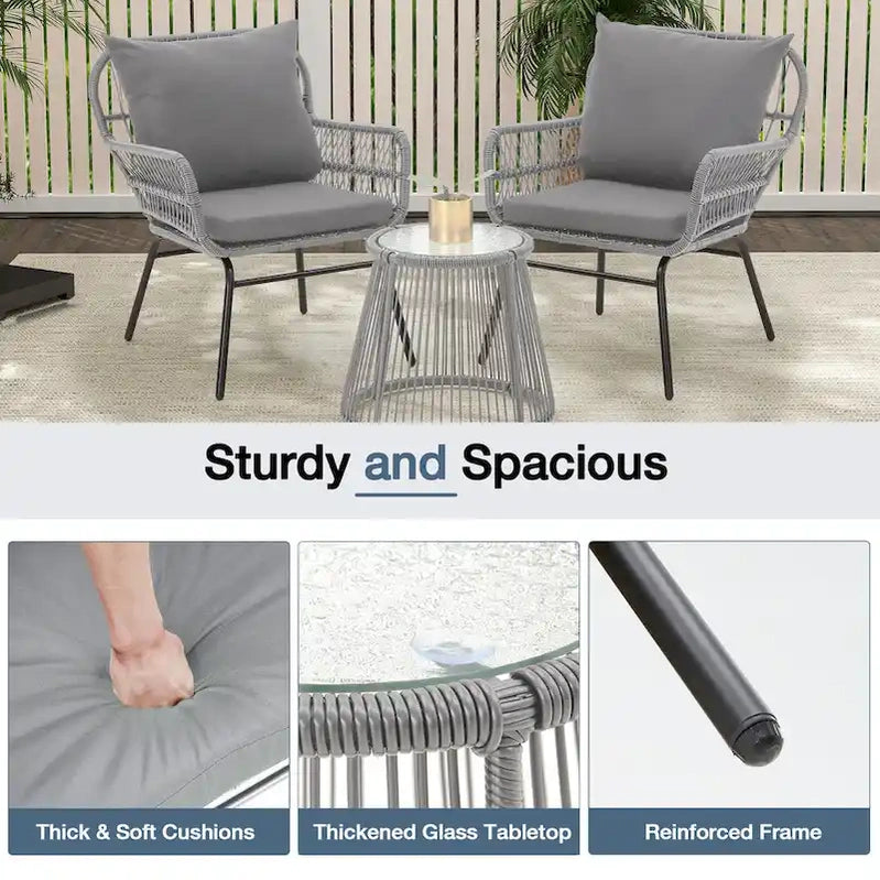 3-Piece Patio Conversation Bistro Set, Outdoor Rattan Furniture Set With Glass Table And 2 Wide Armchairs, Seat Cushions