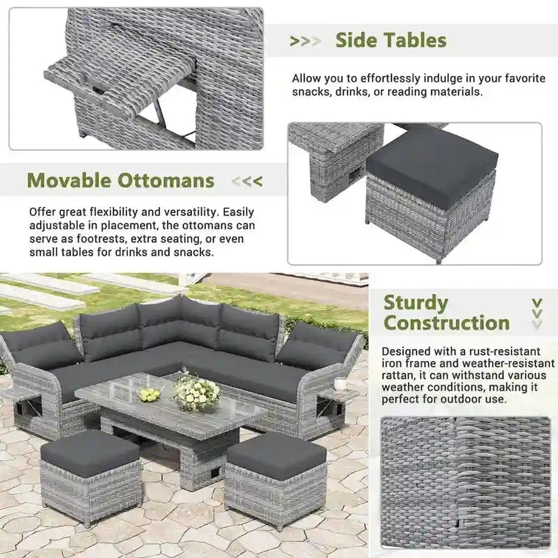 Outdoor Rattan Furniture Set With Adjustable Table, Recliners And 2 Ottomans
