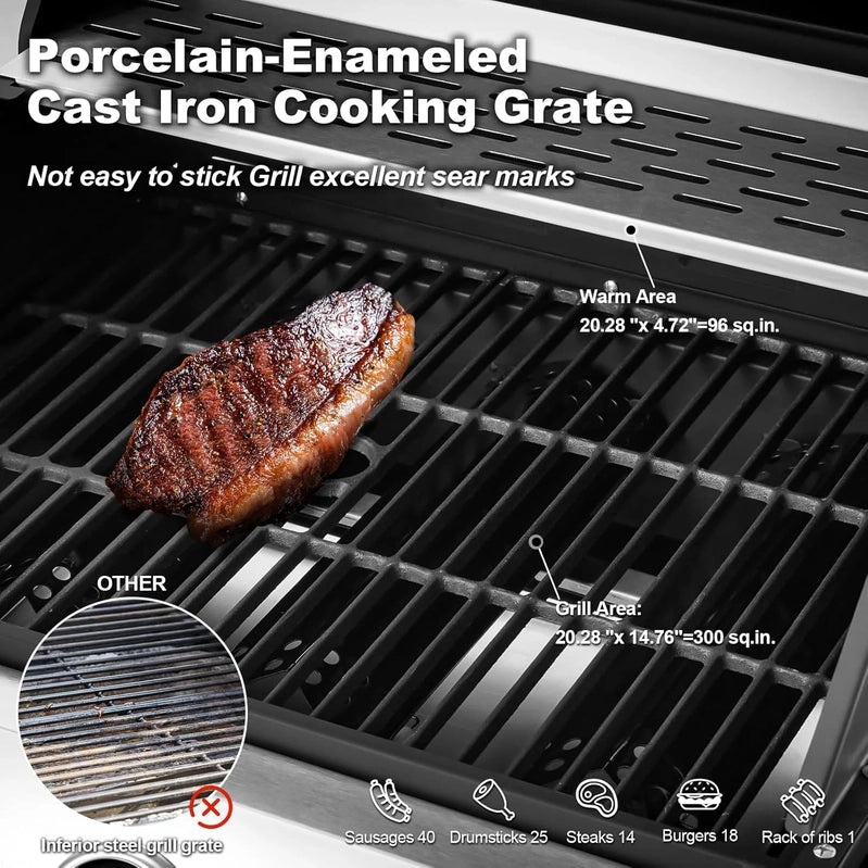 Upgraded 4 Burner Bbq Propane Gas Grill With Cast Iron Grates And Side Stove, 44,000 BTU Stainless Steel Burner Barbecue Grill For Patio
