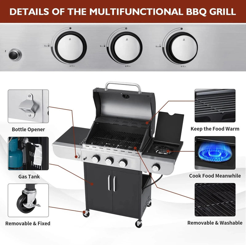 Upgraded 4 Burner Bbq Propane Gas Grill With Cast Iron Grates And Side Stove, 44,000 BTU Stainless Steel Burner Barbecue Grill For Patio