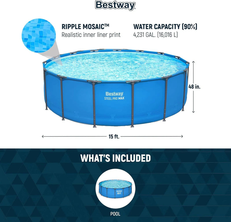 Steel Pro MAX 14 Ft. x 48 In. Round Metal Frame Above Ground Outdoor Swimming Pool Set With 1,000 Filter Pump, Ladder, And Cover, Gray