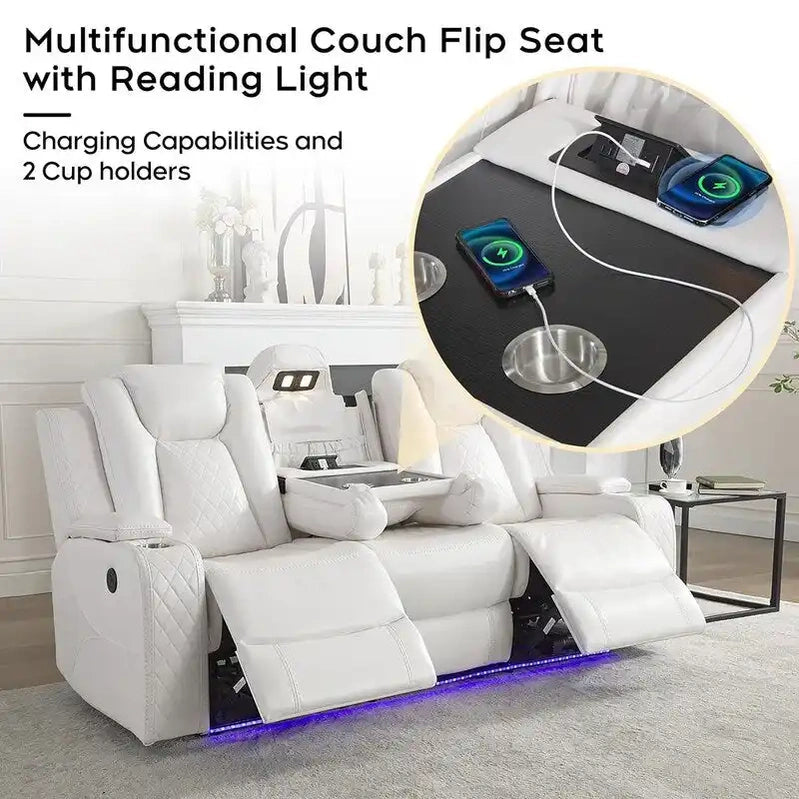 Power Reclining Sofa With Wireless Charger, Reading Light For Living Room, Faux Leather LED Light, AC/USB Port, Cup Holder, Black