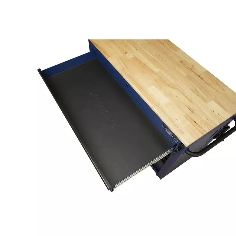 Heavy-Duty 52 In. 9-Drawer Mobile Workbench With Adjustable-Height Solid Wood Top In Matte Blue