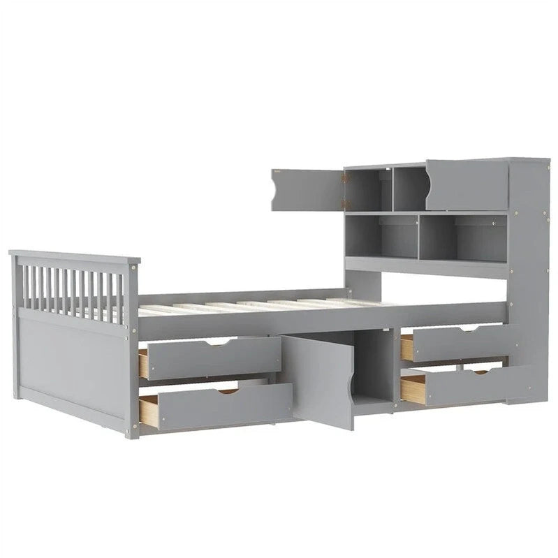 Twin/Full Size Captain Platform Bed With 4 Drawers And Storage Shelves, Solid Wood Bed Frame With Storage Bookcase Headboard