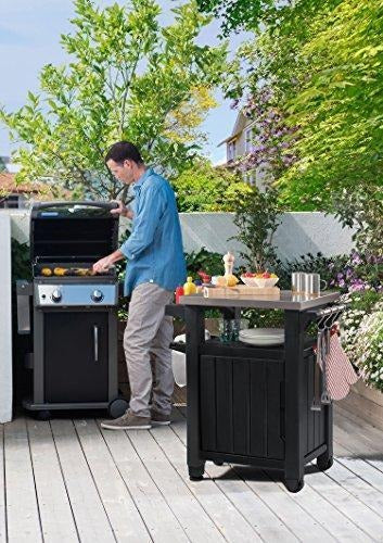 Keter Unity Portable Outdoor Table And Storage Cabinet With Hooks For Grill Accessories-Stainless Steel Top For Patio Kitchen Island Or Bar Cart