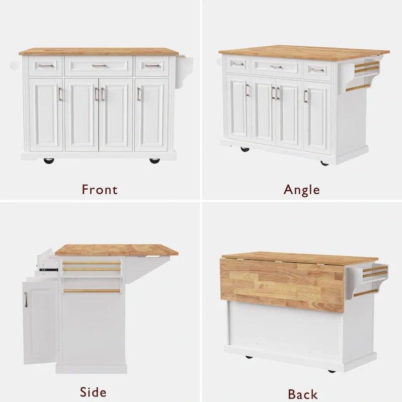 Large Kitchen Island With Wood Drop Leaf, Embossed Texture Rolling Kitchen Cart wDoors And Drawers wStorage For Kitchen, White