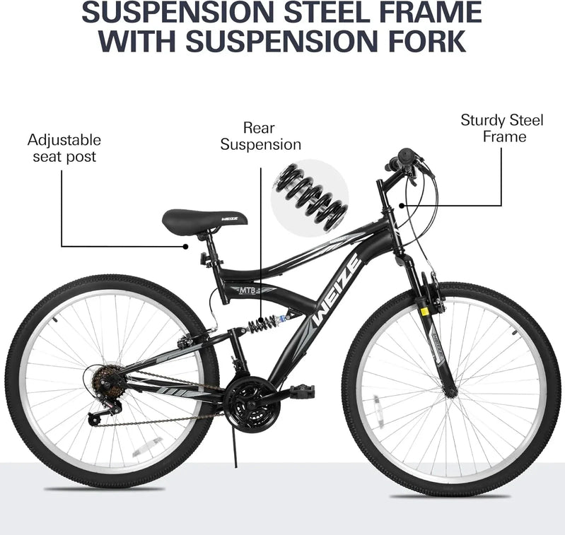Weize Mountain Bike 26 27.5 In. Outdoor Hybrid Bikes 18-Speed High-Carbon Steel Full Suspension