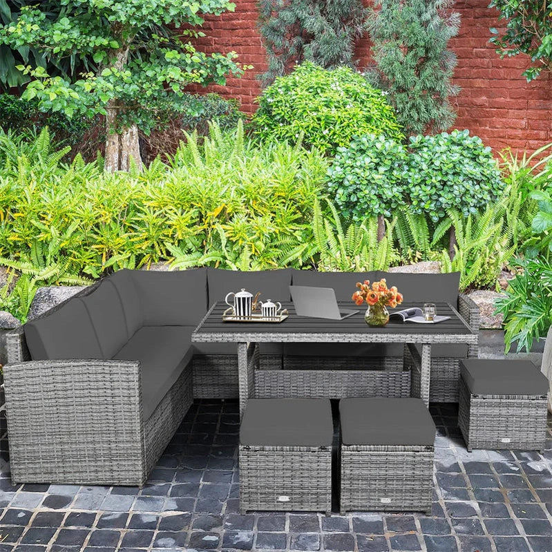 7 Pcs Rattan Patio Dining Furniture Sectional Sofa Set With Dining Table, Ottomans And Cushions