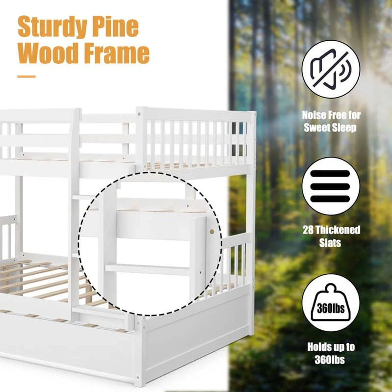 Solid Wood Full Over Full Bunk Bed Frame With Trundle, Safety Ladder And Guardrails, Convertible Bunk Bed For Kids Teens