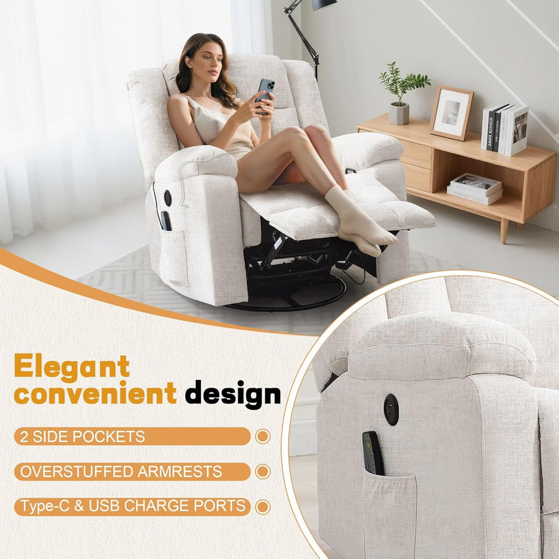 Rocker Recliner, Glider Recliner Chairs For Adults, 360 Degree Swivel Rocking Chair With Massage And Heating