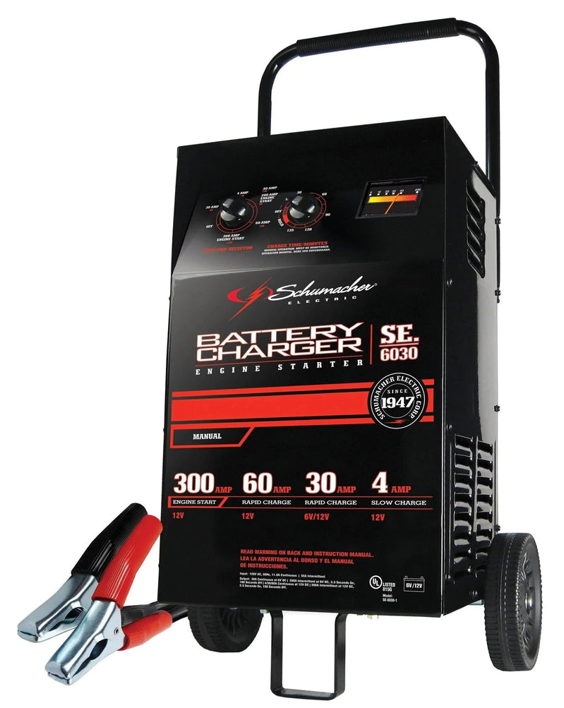 Schumacher Electric Wheeled Battery Charger And Engine Starter, SC1446, 2-in-1, Manual Timer Control, 300 Crank Amps, 6 Volts, 12 Volts, For Car