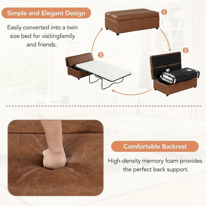 Twin Size Folding Pull Out Ottoman Sleeper Bed With Mattress Convertible Guest Bed, PU Upholstered Sleeper Sofa