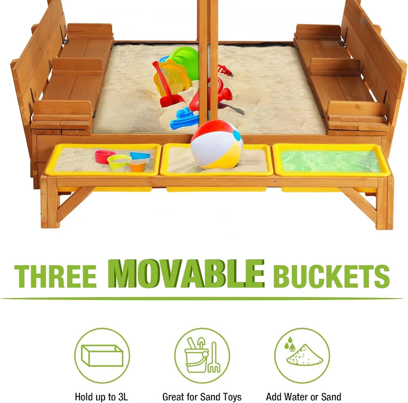 Kids Wooden Outdoor Sandbox w/Canopy, 2 Foldable Bench Seats, Retractable Roof Sand Protection Liner 47x47-Inch
