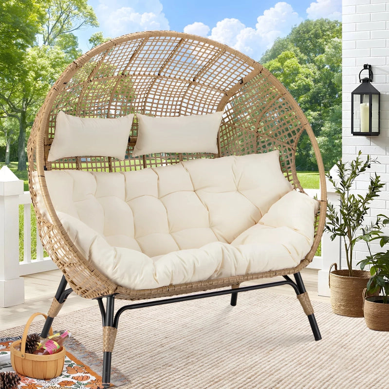 Radiata Double Egg Chair For 2 Person, Oversized Wicker Loveseat With Thick Cushions, 680 Lbs Capacity