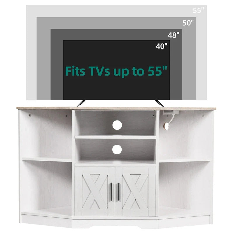 Farmhouse Corner TV Stand Entertainment Center Media Console For TVs Up To 55 With Power Outlet