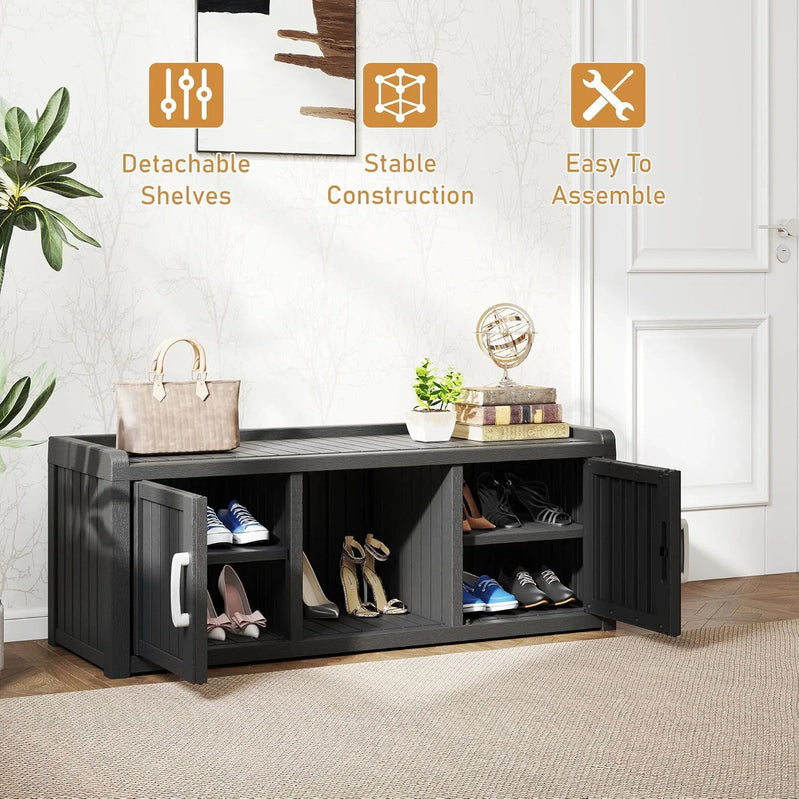 Kamaboko Outdoor Shoe Storage Cabinet, Waterproof UV-Resistant Entryway Storage Bench Indoor Outdoor With 2 Barn Doors
