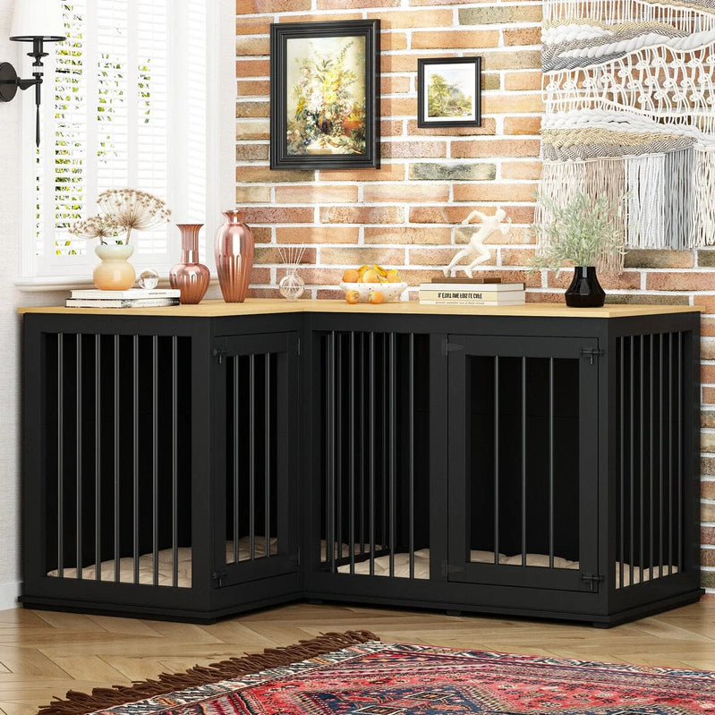 Large Corner Dog Crate Furniture For 2 Dogs, L Shape Dog Crate Cage, 58.7X41.1