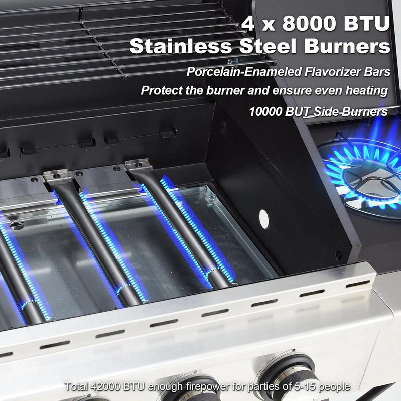 Upgraded 4 Burner Bbq Propane Gas Grill With Cast Iron Grates And Side Stove, 44,000 BTU Stainless Steel Burner Barbecue Grill For Patio