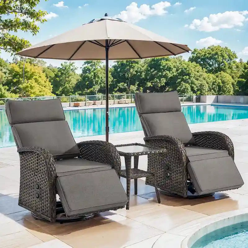 Pocassy 3PCS Versatile Outdoor Recliner Chair With Side Table Grey Cushion