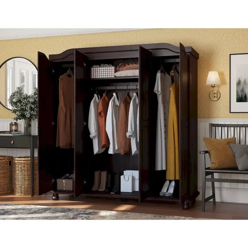 Palace Imports 100% Solid Wood Kyle 4-Door Wardrobe Armoire With Solid Wood Or Mirrored Doors