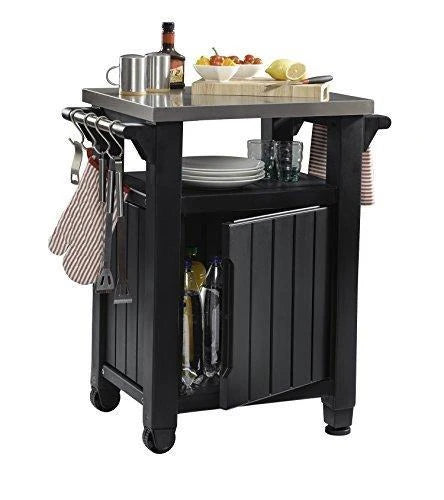 Keter Unity Portable Outdoor Table And Storage Cabinet With Hooks For Grill Accessories-Stainless Steel Top For Patio Kitchen Island Or Bar Cart