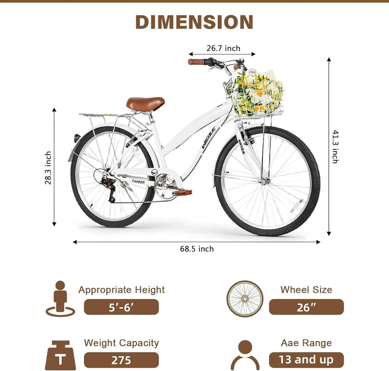 Weize Beach Cruiser Bike 26 In. Commuter Bicycle For Adult Men And Women 7-Speed/High-Carbon