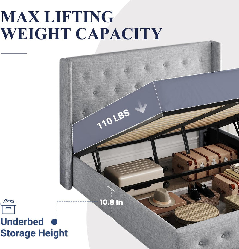 Allewie Queen Size Lift Up Storage Bed, Modern Wingback Headboard, Hydraulic Support, No Box Spring Needed, Light Beige