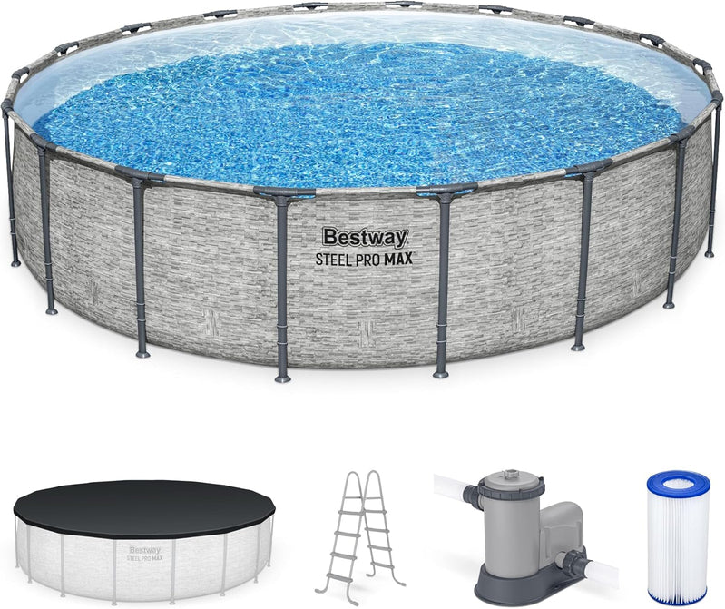 Steel Pro MAX 14 Ft. x 48 In. Round Metal Frame Above Ground Outdoor Swimming Pool Set With 1,000 Filter Pump, Ladder, And Cover, Gray