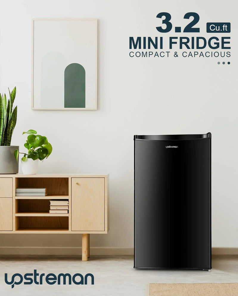 Upstreman 3.2 Cu. Ft. Mini Fridge With Freezer, Single Door Mini Fridge, Dorm Fridge, Adjustable Thermostat, Black-BR321