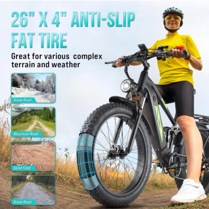 1000W 48V Electric Bike For Adults, 26-in Fat Tire Full-Suspension E-Bike, 17.5Ah Battery, 7-Speed, Up To 28MPH, UL Certified