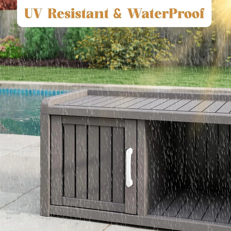 Kamaboko Outdoor Shoe Storage Cabinet, Waterproof UV-Resistant Entryway Storage Bench Indoor Outdoor With 2 Barn Doors