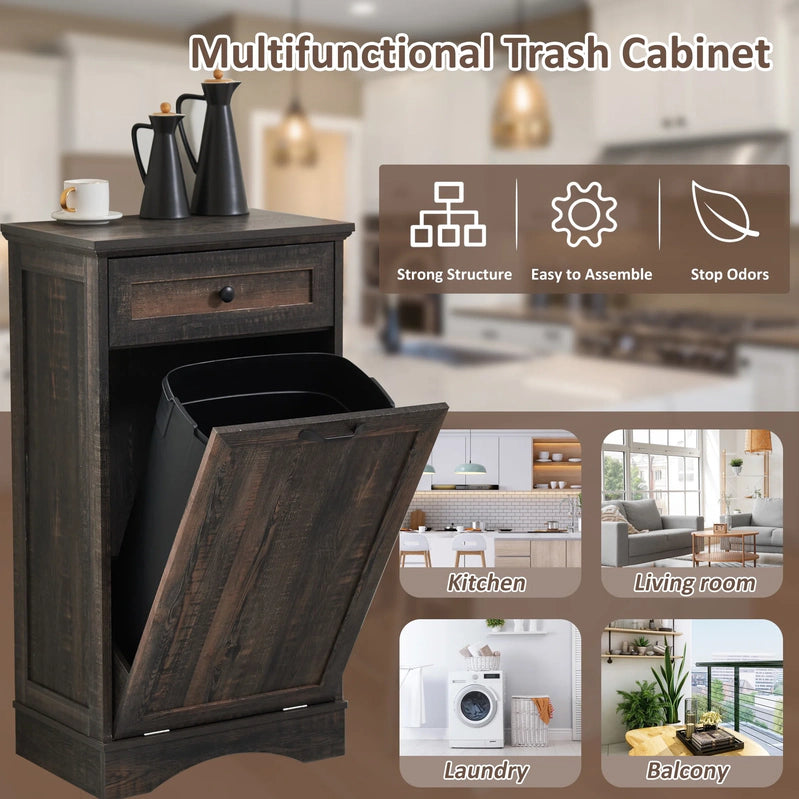 Haripul Single Tilt Out Trash Cabinet For 13 Gallon Waste Bin, Free Standing Kitchen Trash Can Cabinet With Drawers, White
