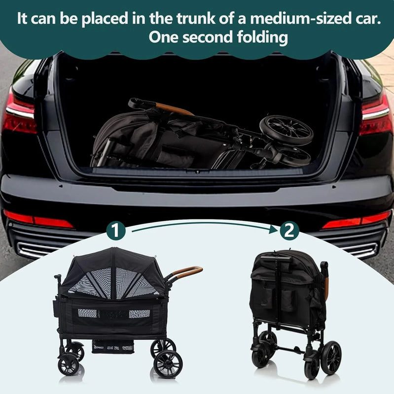 Wagon Stroller For 2 Kids And Cargo-Travel Stroller Push-Pull Double Wagon Lightweight Folding Stroller For Newborn And Toddler With 5-Point