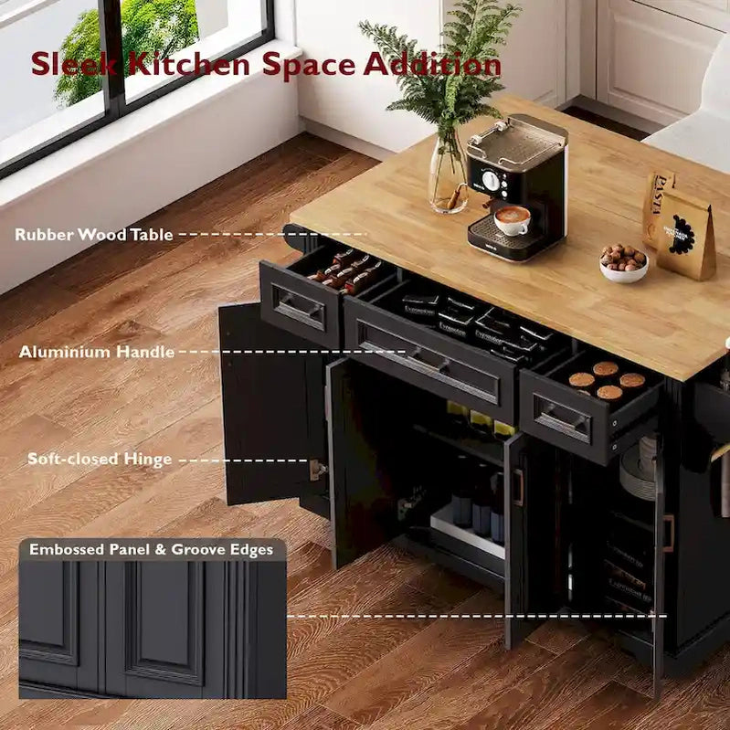 54 Large Kitchen Island With Rubber Wood Drop Leaf, Embossed Texture Rolling Kitchen Cart On 4 Wheels With 4 Doors And 3 Drawers