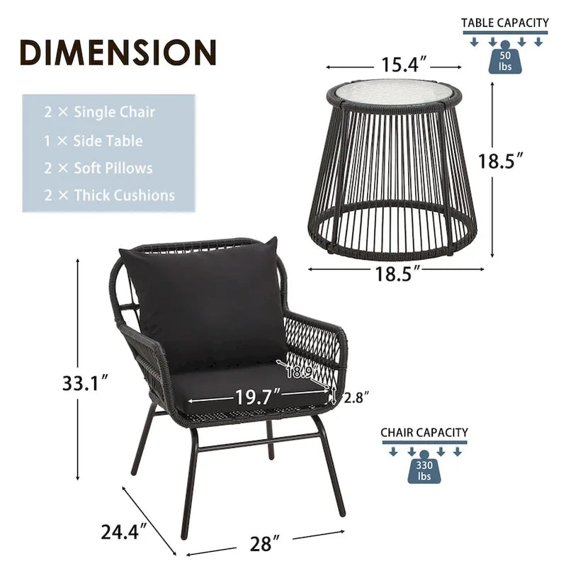 3-Piece Patio Conversation Bistro Set, Outdoor Rattan Furniture Set With Glass Table And 2 Wide Armchairs, Seat Cushions