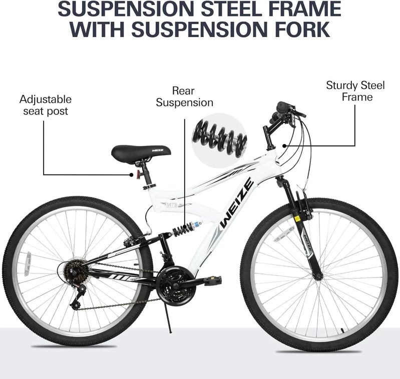 Weize Mountain Bike 26 27.5 In. Outdoor Hybrid Bikes 18-Speed High-Carbon Steel Full Suspension