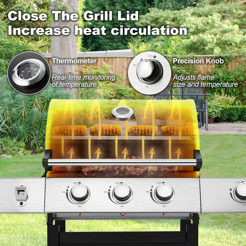 Upgraded 4 Burner Bbq Propane Gas Grill With Cast Iron Grates And Side Stove, 44,000 BTU Stainless Steel Burner Barbecue Grill For Patio