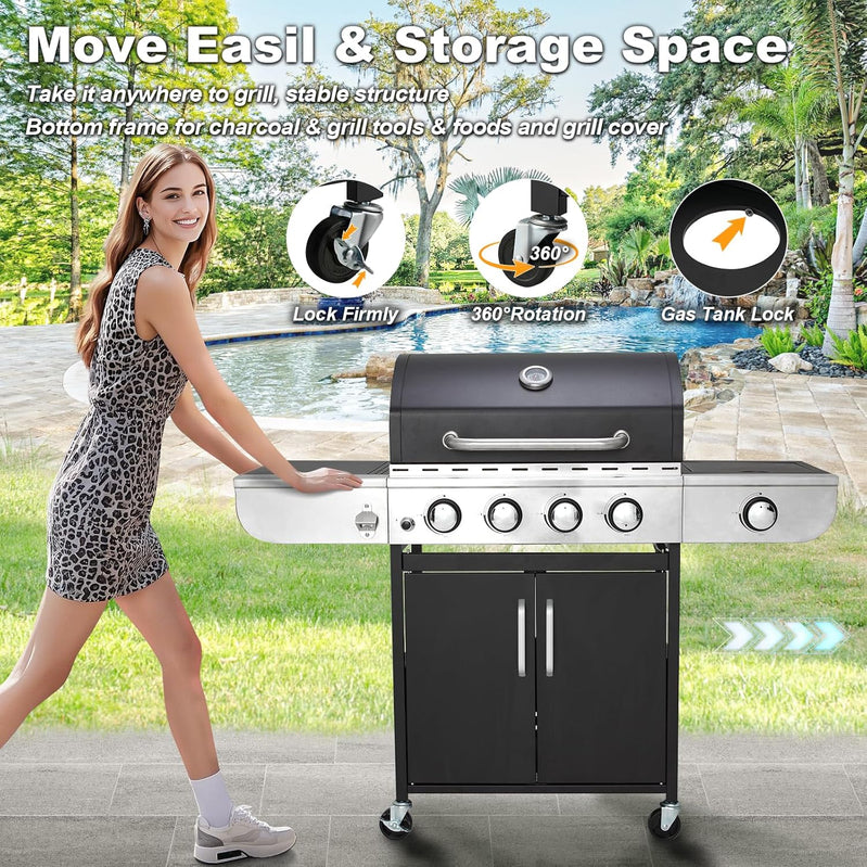 Upgraded 4 Burner Bbq Propane Gas Grill With Cast Iron Grates And Side Stove, 44,000 BTU Stainless Steel Burner Barbecue Grill For Patio
