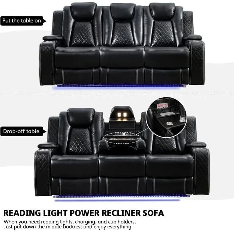 Power Reclining Sofa With Wireless Charger, Reading Light For Living Room, Faux Leather LED Light, AC/USB Port, Cup Holder, Black