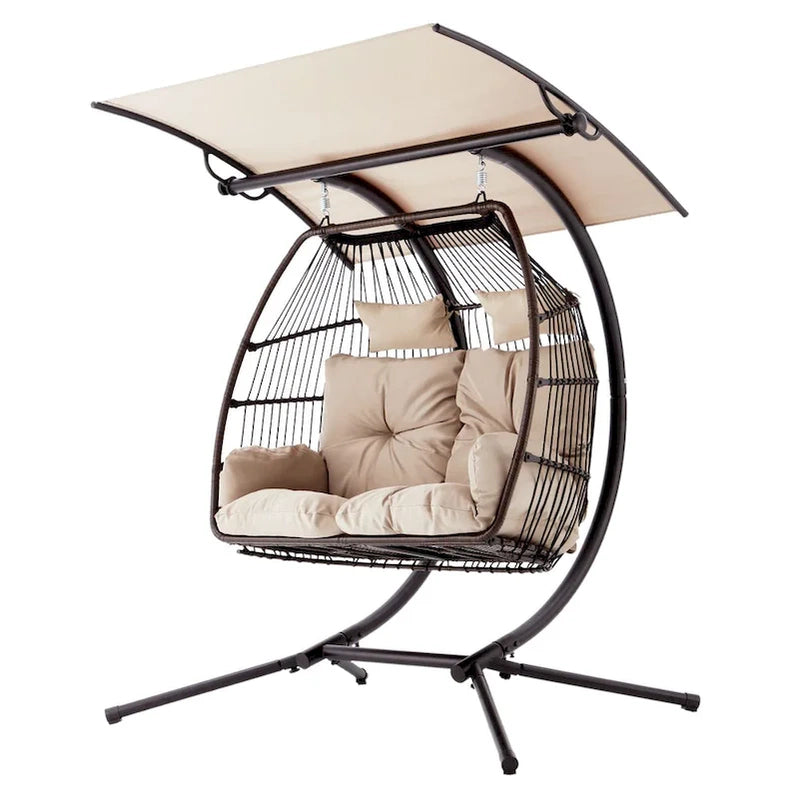 Outdoor Swing Loveseat With Stand, Foldable Hanging Chair, Hammock Cushion, And Awning, Double Egg Chair, Beige