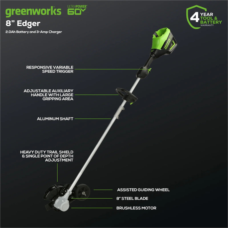 Greenworks 60V 8 In. Brushless Cordless Edger, 2.0 Ah Battery And Charger Included