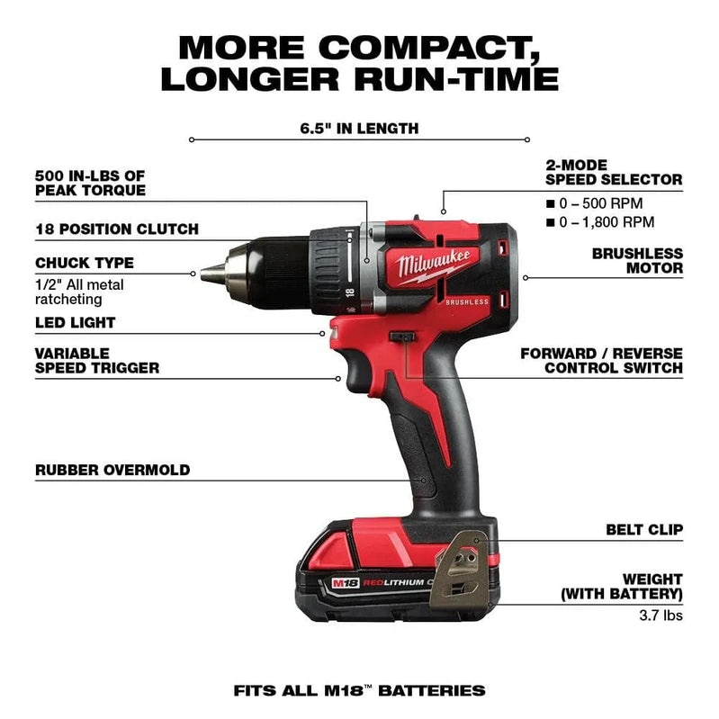 M18 18V Lithium-Ion Brushless Cordless Compact Drill/Impact Combo Kit, 2-Tool With 2 2.0Ah Batteries, Charger And Bag 2892-22CT